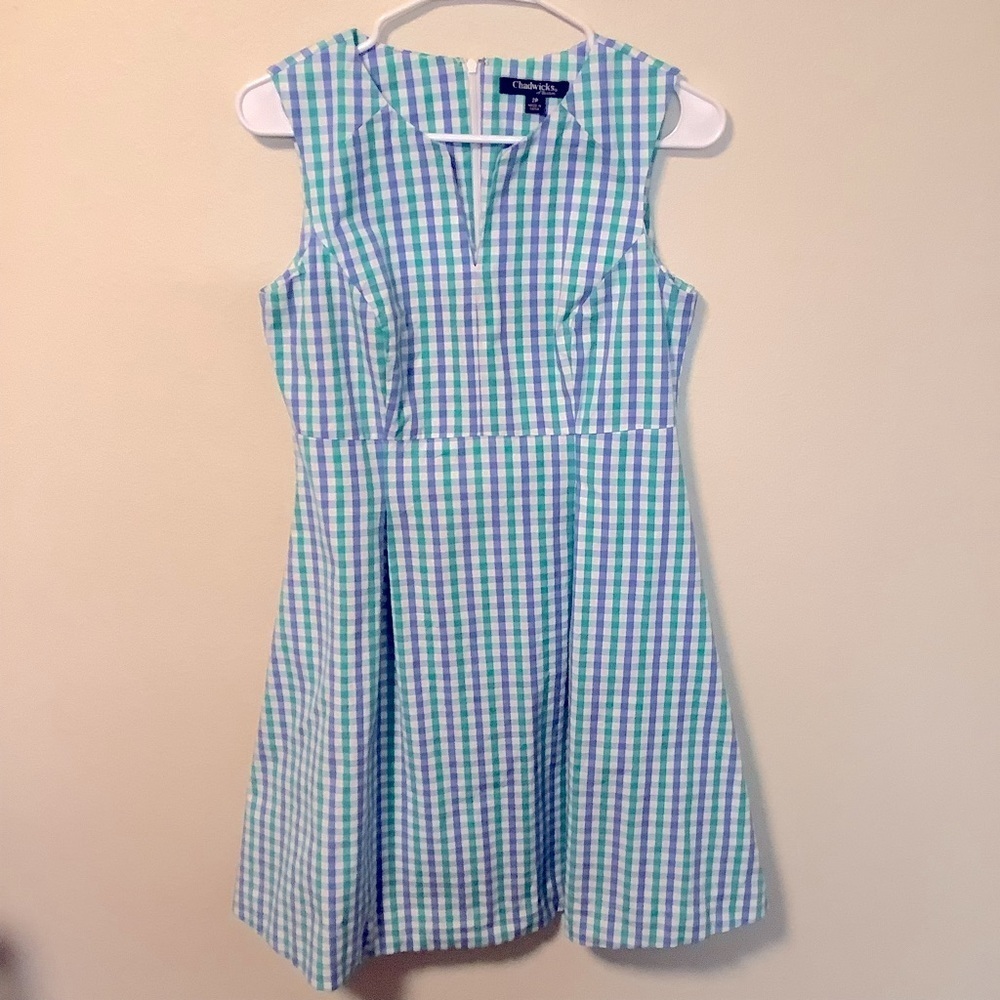 Chadwick of Boston Women’s 2P‎ sleeveless blue/white/green plaid gingham dress